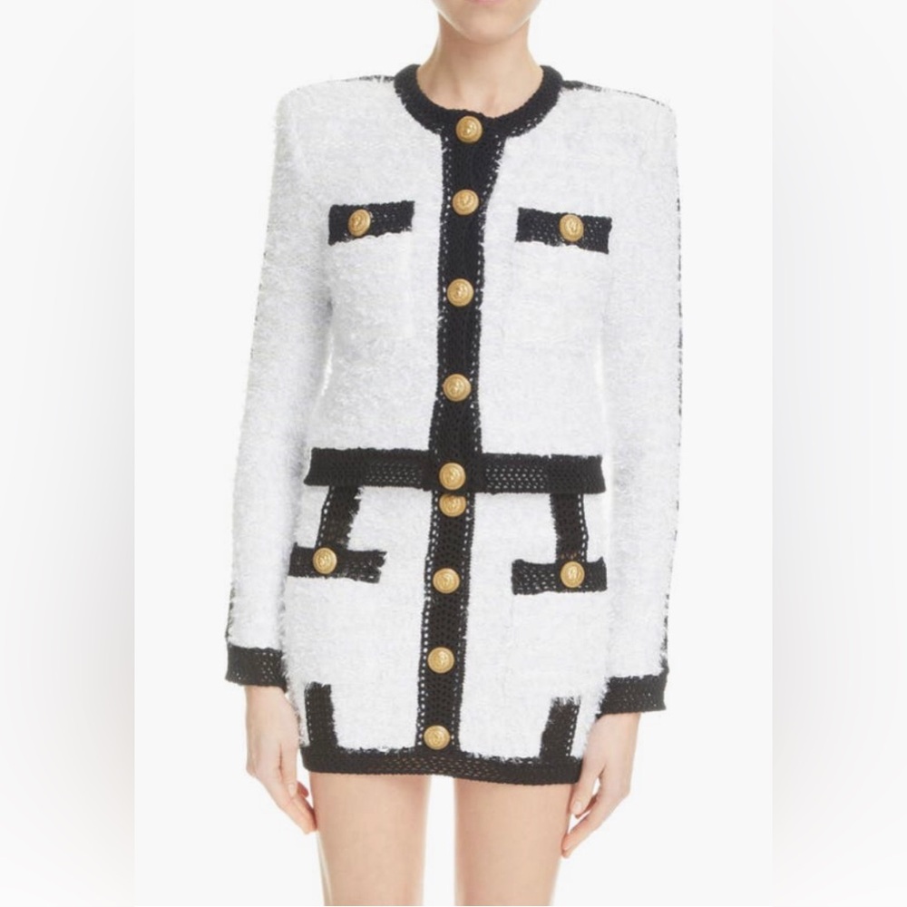 NWT $2990 Balmain Colorblocked Tweed Knit Jacket 12 US / 44 FR, GAB WHITE/ BLACK